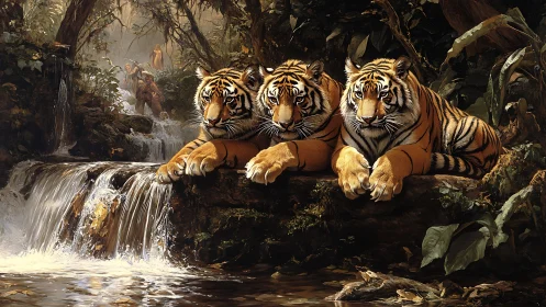 Three tigers rest on rocky outcrop beside jungle waterfall