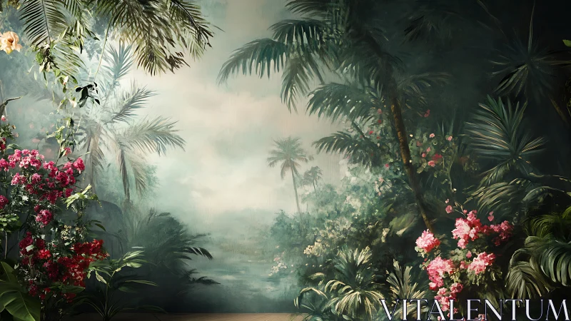 Lush tropical jungle mural with misty river perspective.