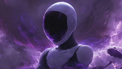 Helmeted android in ionized violet nebula with reflective visor