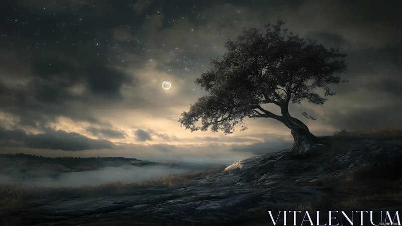 Solitary windswept tree on rocky hill under moonlit sky.