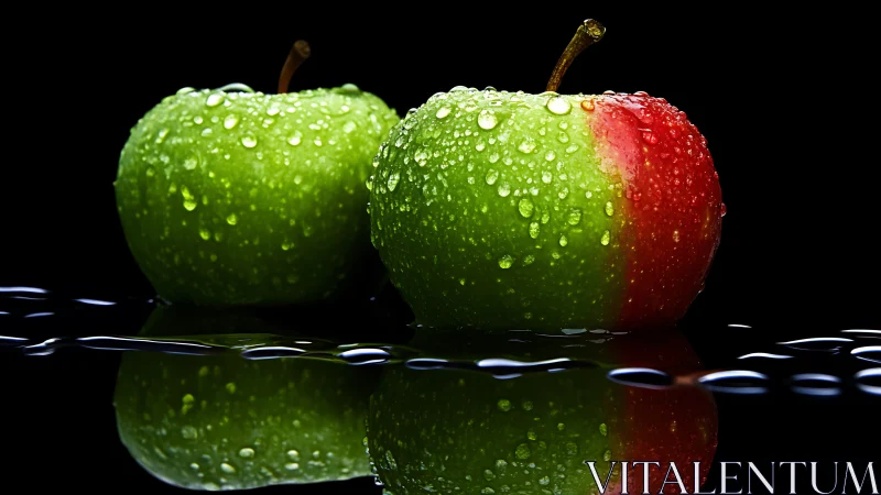 Dew-covered green apples glow against a reflective black pool.