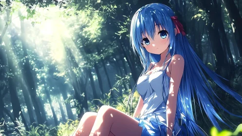 Gentle blue haired girl resting in sunlit forest hush.