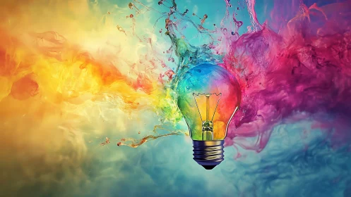 Glass light bulb amid multicolored fluid dispersion artwork.