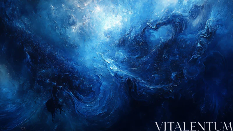 Abstract Deep Blue Ocean Swirl Digital Painting with Light Effects.