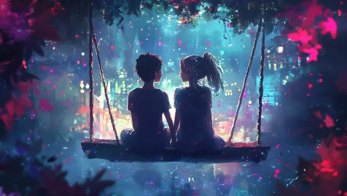 Starlit swing duet above neon water and painted night.