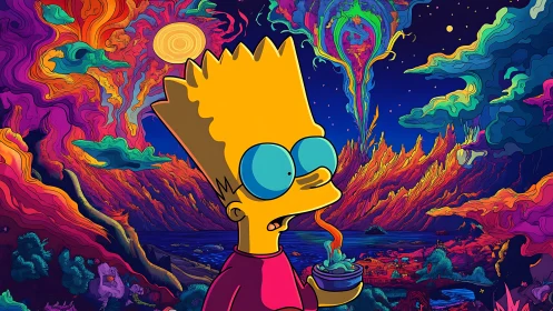 Cartoon boy explores a neon psychedelic alien dreamscape