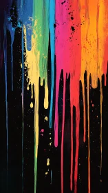 Rivers of bright rainbow paint stream down a deep black wall