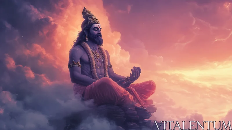 Divine sage meditates above glowing clouds at sunrise.