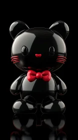 Glossy black kitty toy with a bright red bow and charm.