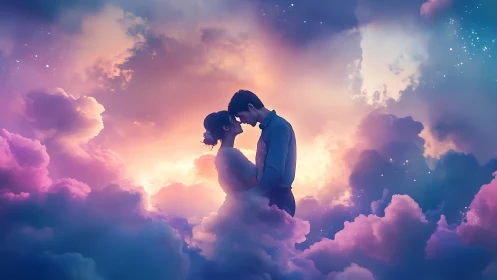 Couple kissing among luminous clouds at sunset