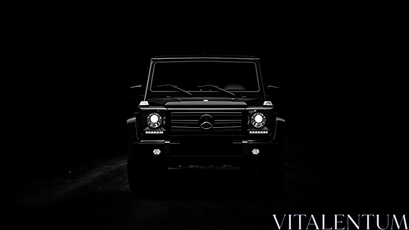 Front-lit black SUV isolated in high-contrast low-key darkness