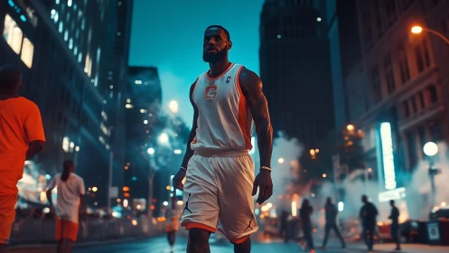 Basketball player walks through neon city street at night
