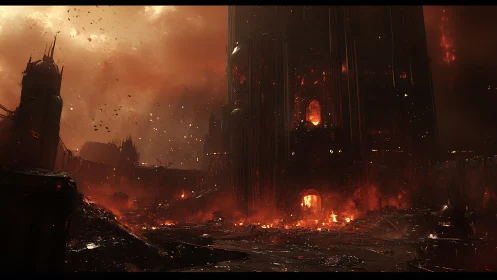 Burning dark fortress rising through stormy crimson skies.