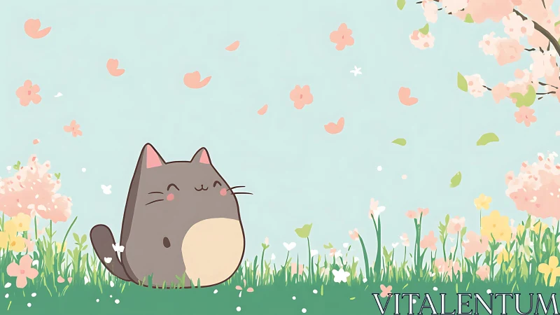 Smiling chubby cat sits under soft pink spring blossoms