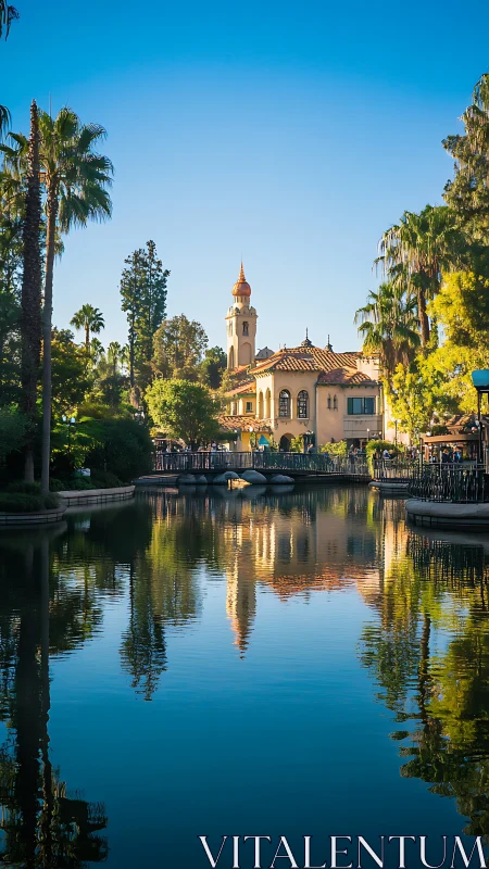 Spanish-style tower and waterfront garden with reflections.