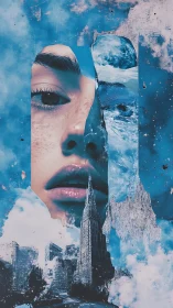 Surreal urban portrait collaging face, ocean and skyline.
