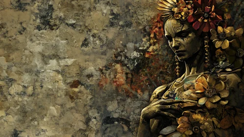 Floral crowned stone figure against textured weathered wall
