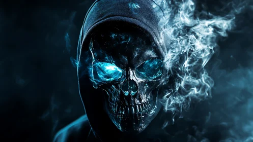 Hooded metallic skull with blue glowing eyes in smoke field.