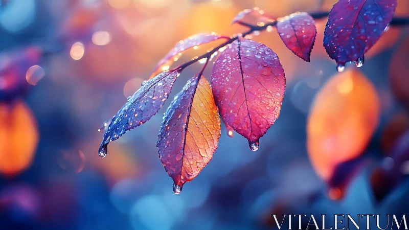 Glowing raindrop-kissed leaves in soft sunset garden light.