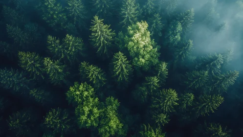 Lush Forest Canopy in Morning Mist, Aerial Photography Style.