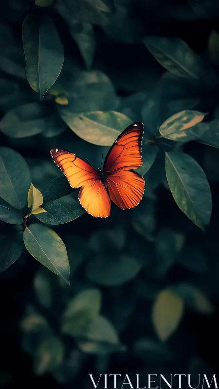 Macro capture of vivid orange butterfly on dark green foliage