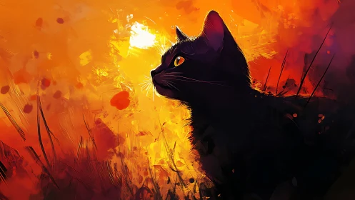 Black cat silhouette faces bright orange abstract light