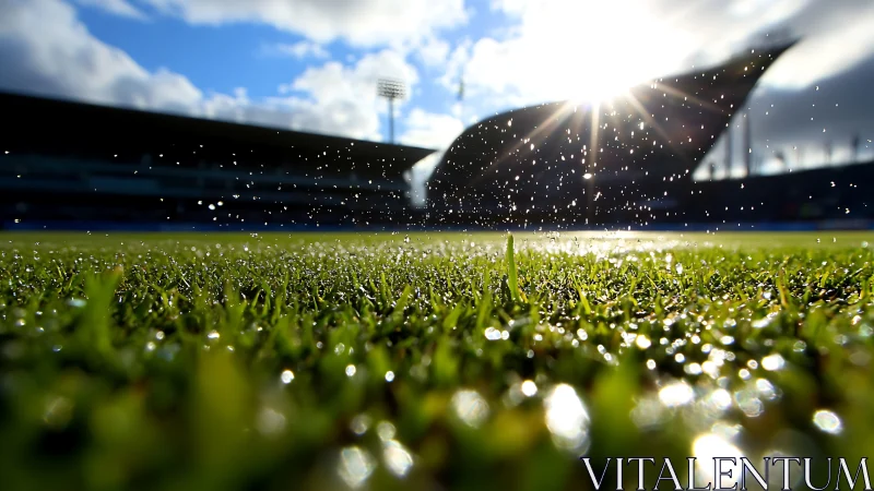 Morning sun over wet stadium pitch in dramatic focus.