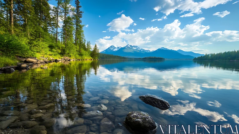 Mountain lake panorama with mirrored clouds on still water.