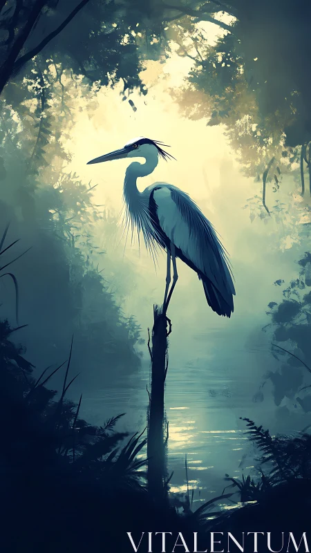 Heron stands in misted swamp under diffused dawn light.