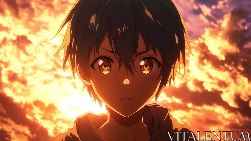 Anime boy portrait against vivid orange sunset sky backdrop.