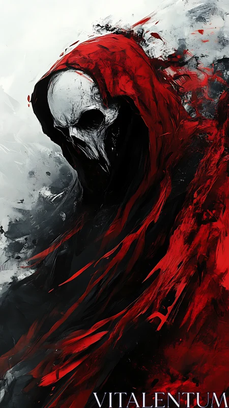 Grim reaper in crimson cloak emerges from swirling shadows.