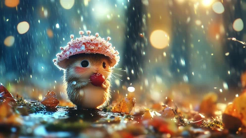 Small rodent-like creature holds red fruit under rain shower