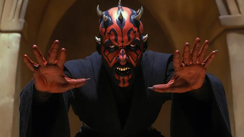 Horned red and black villain lunging with outstretched hands.