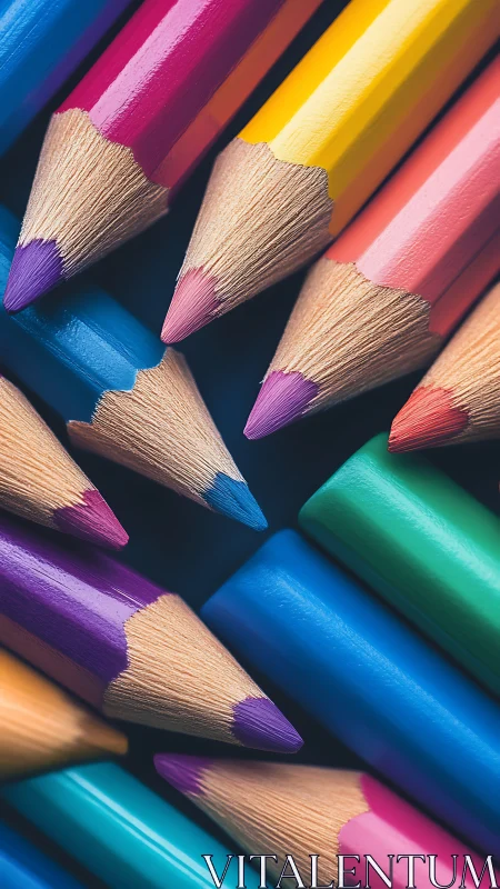 Macro view of sharpened colorful wooden pencils cluster.