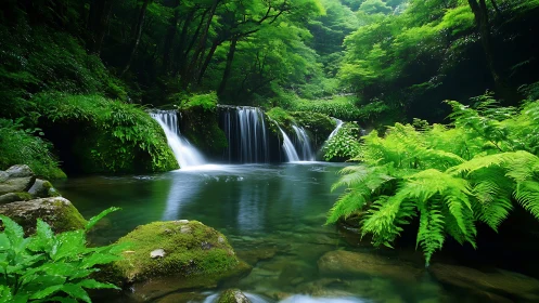 Lush forest waterfall cascades into a tranquil emerald pool.