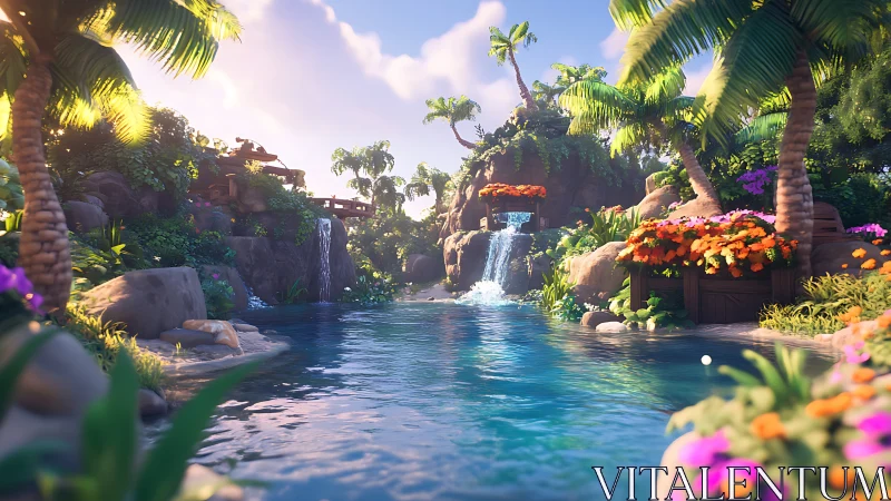 Tropical Paradise: A Serene Oasis of Waterfalls and Blooms.