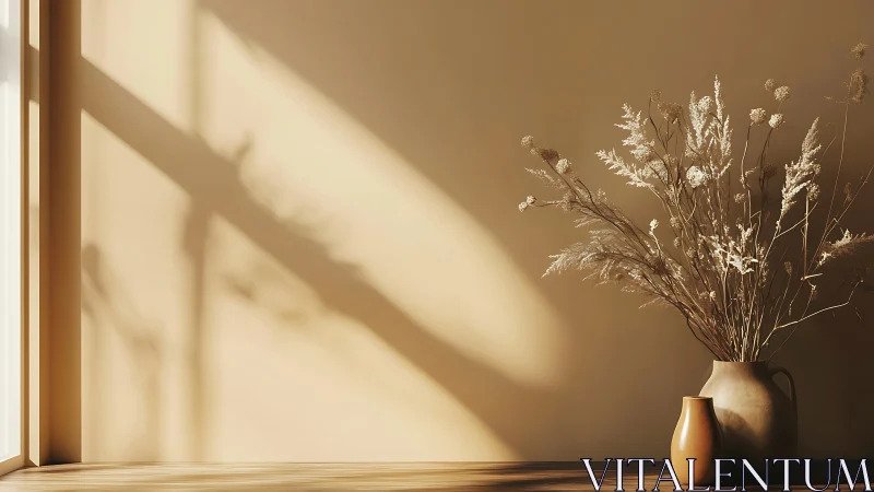 Minimalist dried florals in warm directional window light.