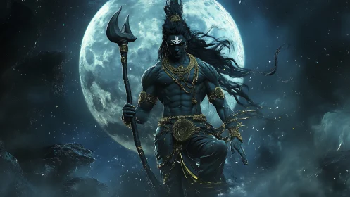 Blue-skinned warrior deity strides before oversized full moon