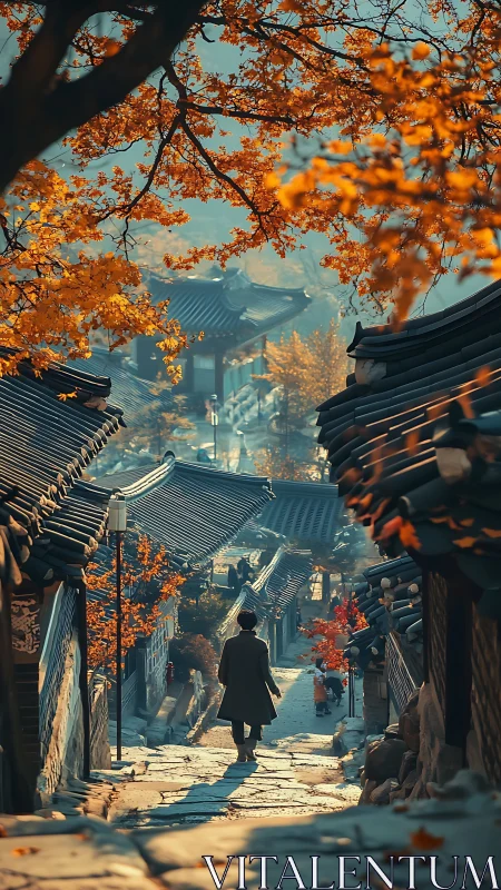 Person walking through traditional street under autumn foliage.