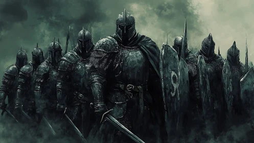 Armored medieval warriors advance in a dark battle line.