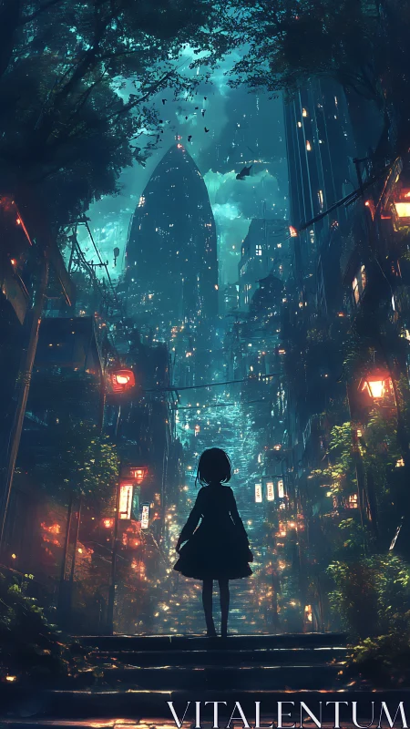 Silhouette girl facing neon city canyon under teal sky.