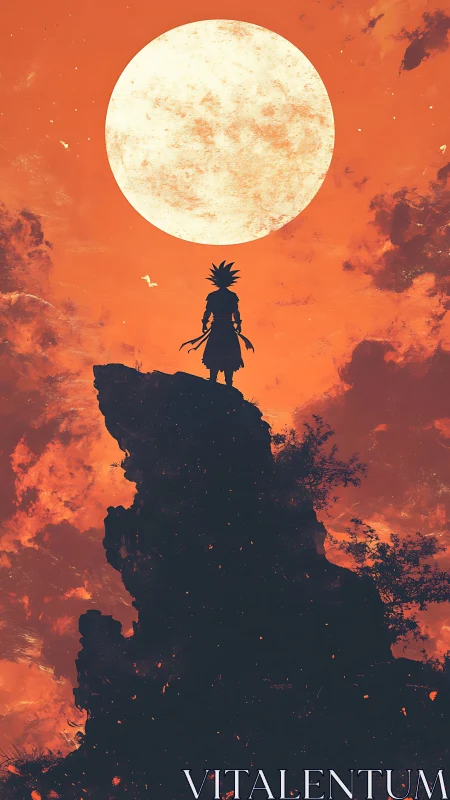 Digital painting silhouette against lunar-dominant skyscape.