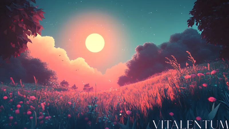 Dreamlit meadow under oversized sun and neon dusk glow.