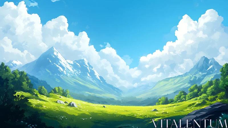 Sunlit mountain meadow cradled by clouds and quiet peaks.