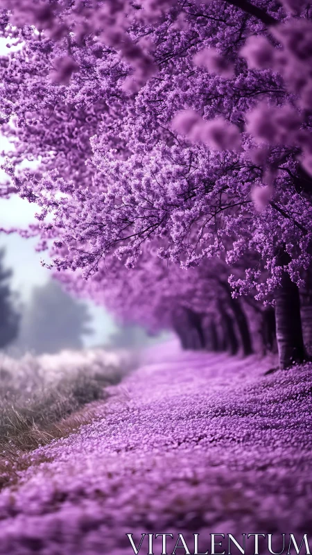 Purple cherry blossom pathway under dense blooming trees