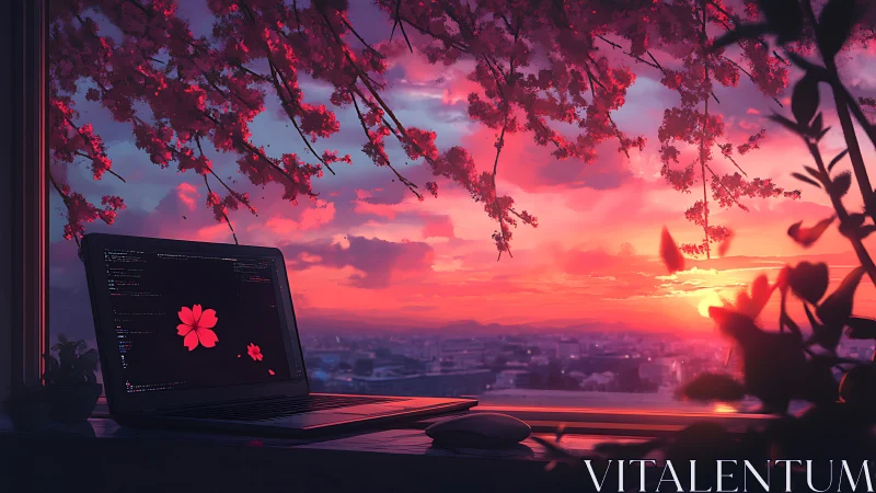 Sunset coder’s window overlooking neon-pink cherry blossoms.