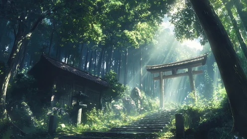 Sunlit forest shrine path with wooden torii gateway.