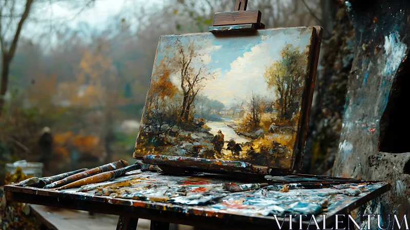 Autumn river easel dream glows in a painter&rsquo;s woodland studio.