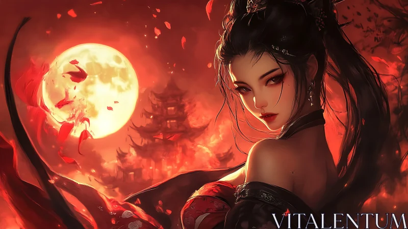 Mystical woman in red under full moon with burning sky.