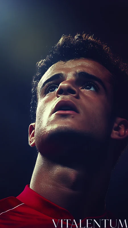 Floodlit focus on a rising footballer carved from shadows.